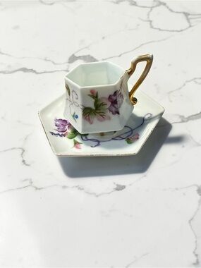 Vintage Japanese Hand-Painted Hexagonal Demitasse Teacup and Saucer Set, Floral